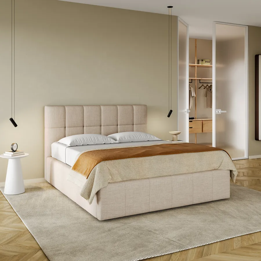Letto Matrimoniale Sommier 160x190 Cm In Tessuto Crema Con Prese USB Laterali Columbus