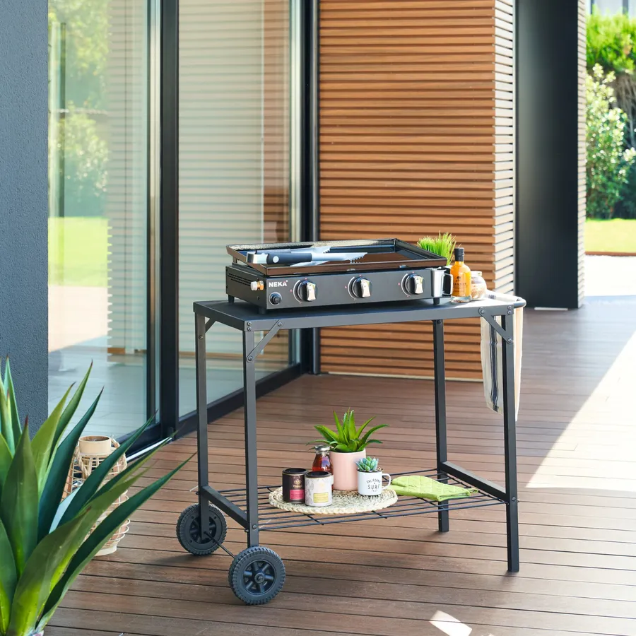LIVOO Carrello Per Plancha GS147, Per Esterni, Struttura In Acciaio INOX S/S430 E Metallo Verniciato, 4 Ruote, Colore Nero/argento