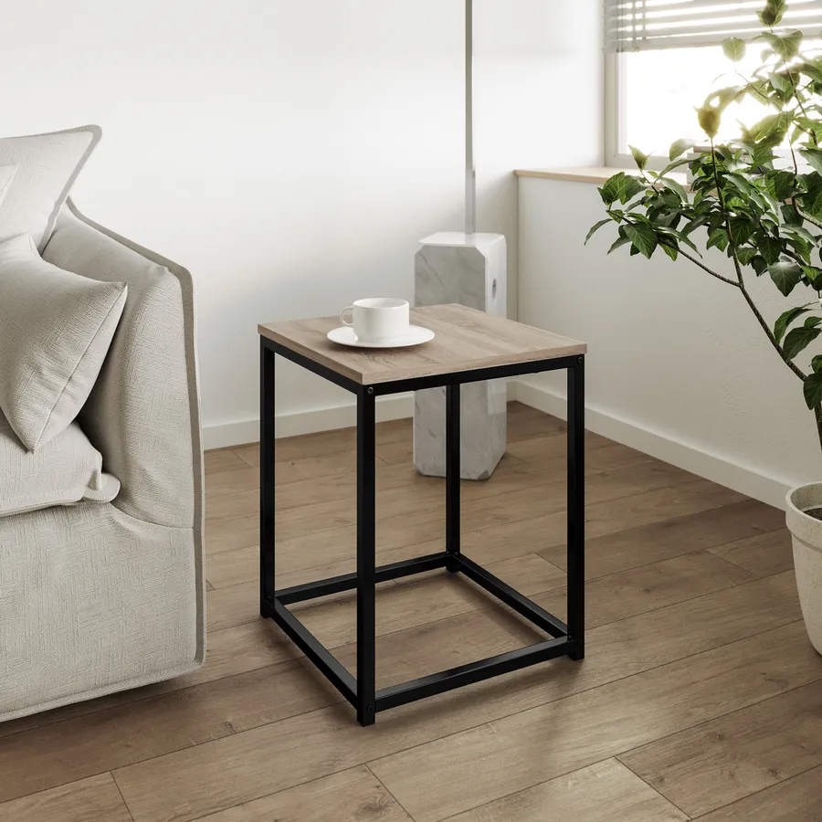 Set Di 2 Tavolini IDIMEX ERRANO In Rovere Selvatico E Metallo Nero – Design Vintage Con Cesto Portaoggetti