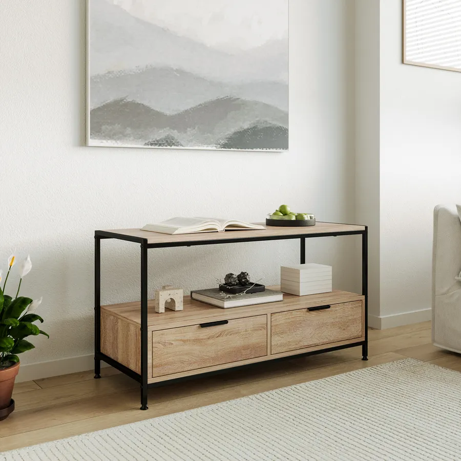 Set Di 2 Tavolini IDIMEX ERRANO In Rovere Selvatico E Metallo Nero – Design Vintage Con Cesto Portaoggetti