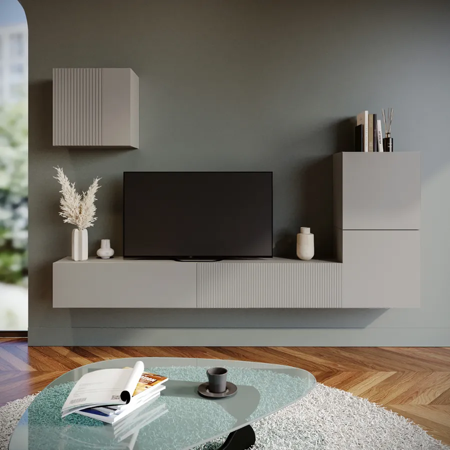 Parete attrezzata sospesa 250 cm cashmere opaco cannettato Ingrid