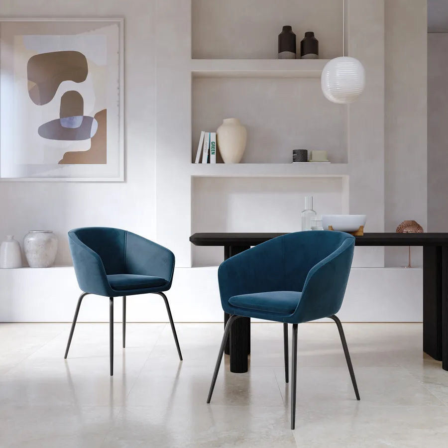 Set 2 sedie in velluto blu e gambe in acciaio nero - Lyft
