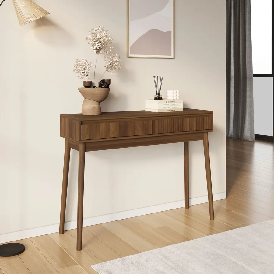 Tavolo Consolle Moderno In Legno E Metallo – 100x25x75 Cm, Comodino Per Soggiorno E Ingresso, Design Rovere Affumicato