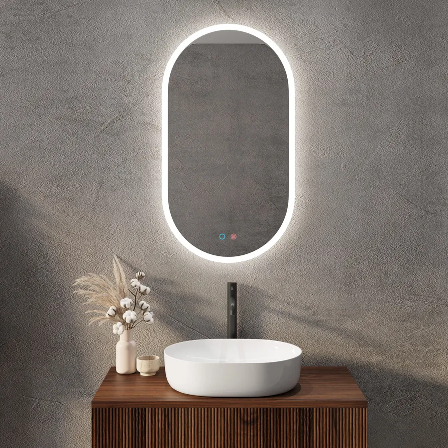 Specchio da bagno a LED antappato, Specchio da trucco montato a parete impermeabile con 3 colori schermo tattile 2 Dimensioni