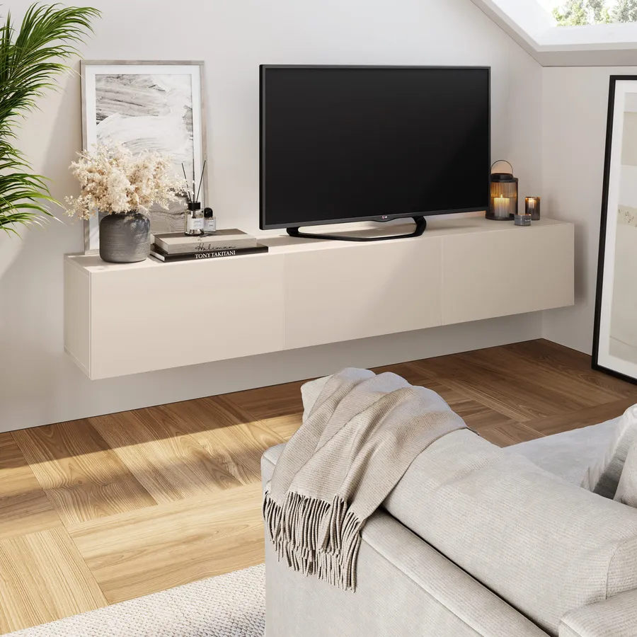 Mobile TV Sospensione Retrò Nero, 140 Cm, Con 3 Ante, In Multistrato Laminato, Finitura Lucida, Resistente All'acqua, Con Passacavi, Supporto Fino A 45 Kg, Montaggio A Parete.