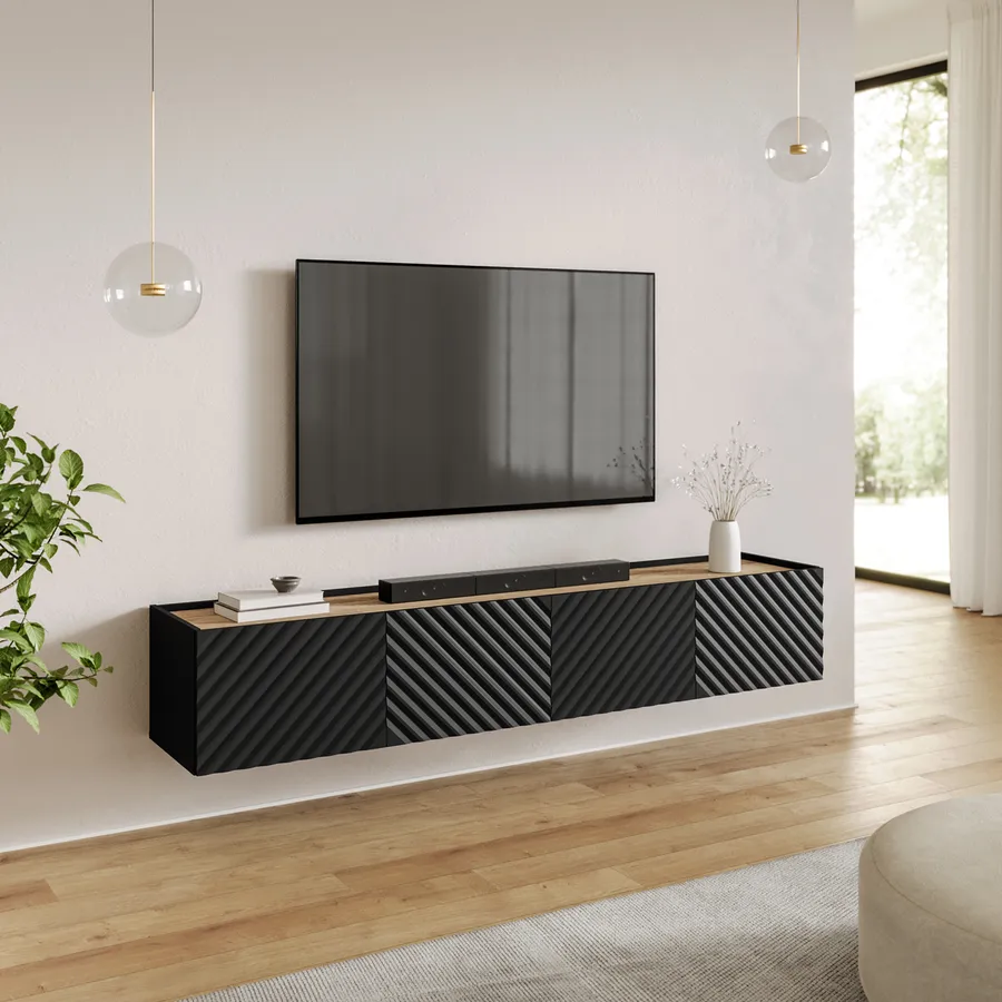 Mobile TV moderno in stile Boho con ante decorative e spazio contenitivo, in truciolato, bianco (200x40x51