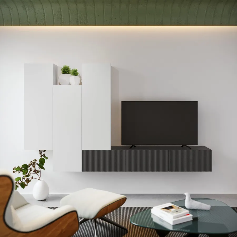 Parete Attrezzata 260 Cm Bianco Opaco E Antracite Cannettato Con Ante parete-attrezzata-260-cm-bianco-opaco-e-antracite-cannettato-con-ante
