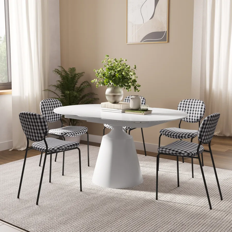 POVISON Tavolo Da Pranzo Rotondo In Gres Lucido Bianco - 150 Cm - Per 6 Persone Con Lazy Susan Incluso