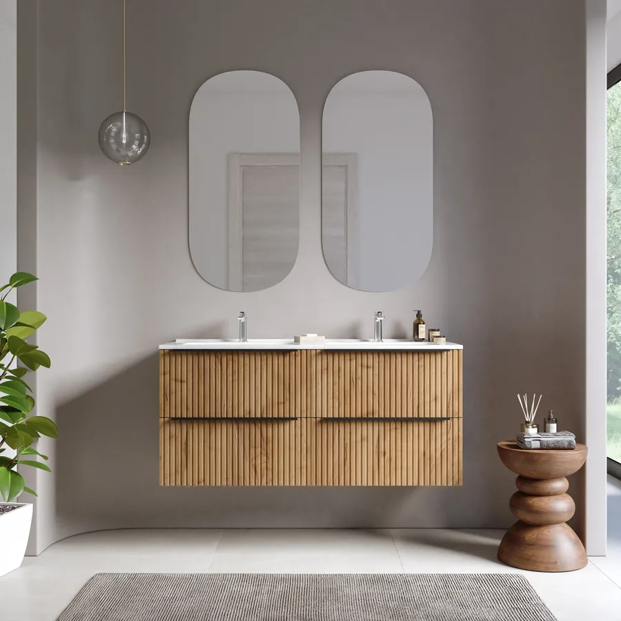 Mobile Bagno Sospeso Moderno 100 Cm Rovere Tabacco Con Lavabo Ceramica Specchio Retroilluminato E Colonna Mod Berlino - Foto 9