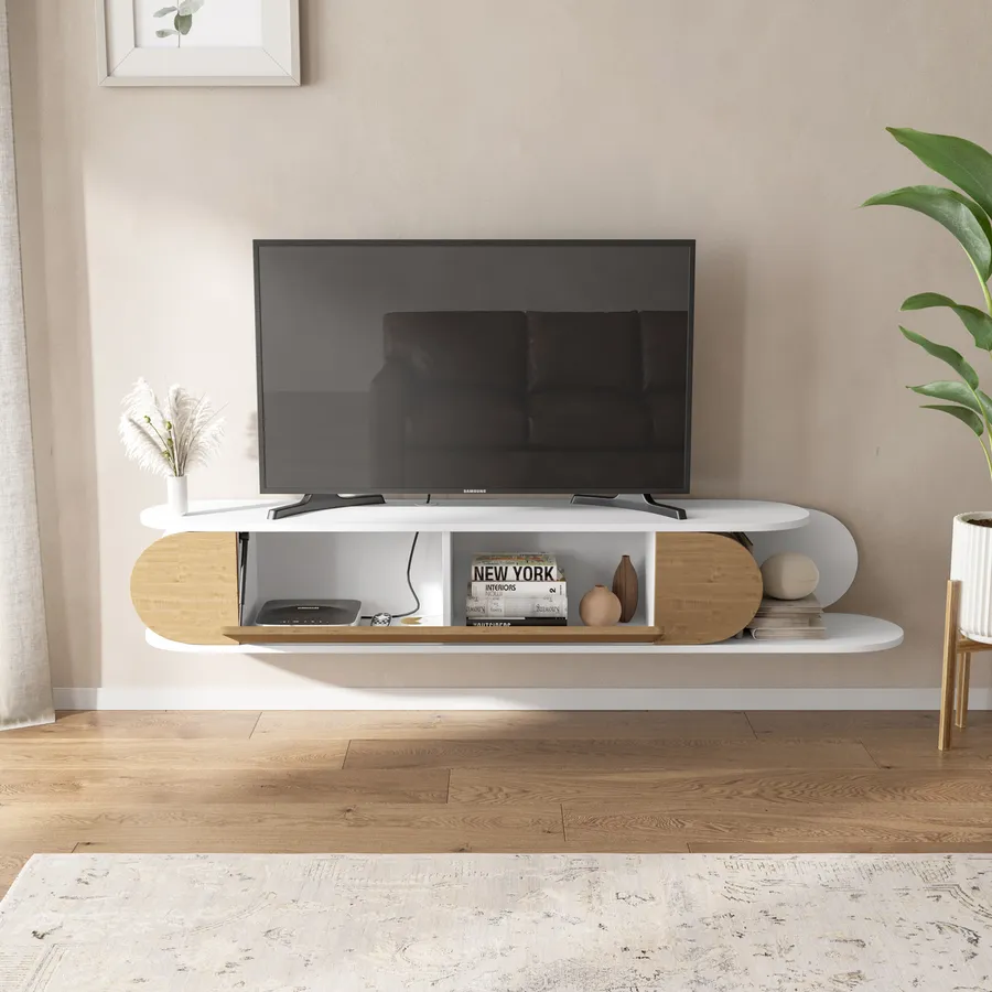 Parete Attrezzata Moderna 180 Cm Con Mobile TV E Vetrina Soggiorno Bianco Opaco Bianco Lucido Rovere Wotan