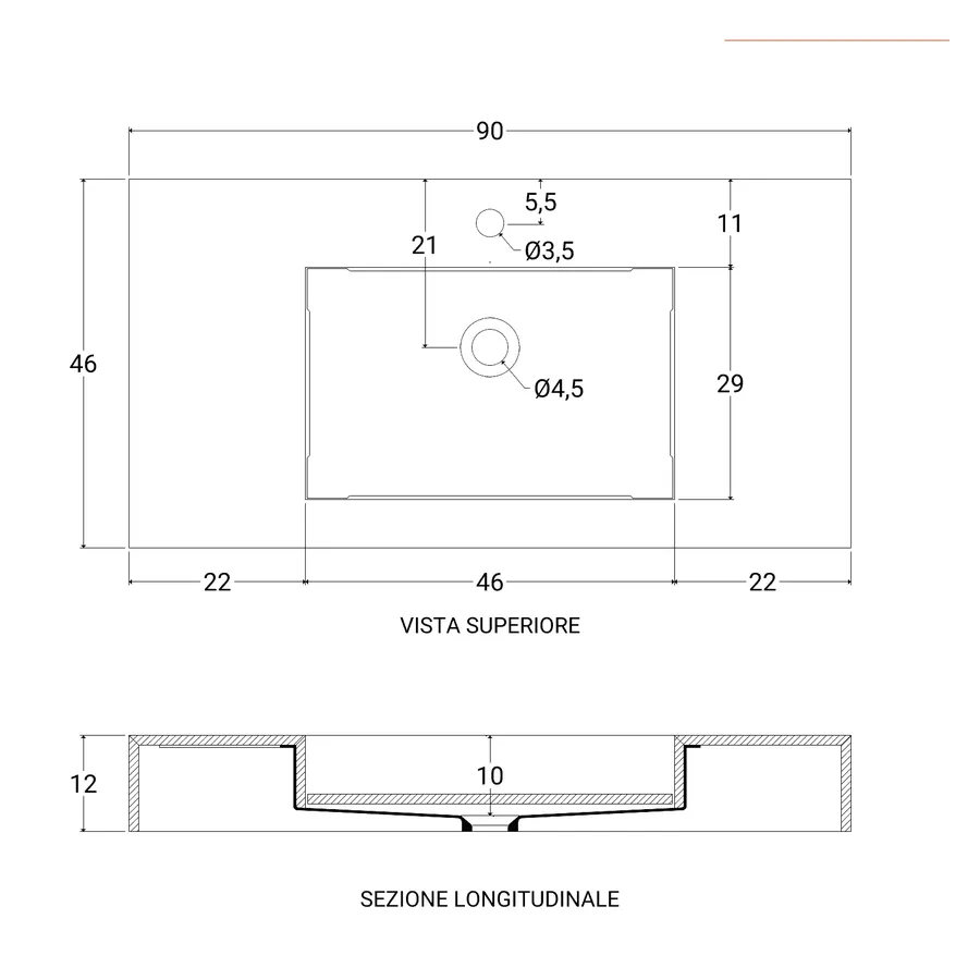 Lavabo sospeso 90x46 cm in hpl bianco effetto marmo apuano