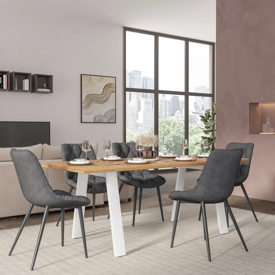 Tavolo Da Pranzo 150x70 Cm Top Effetto Rovere Gold 38 Mm E Gambe Incrociate In Metallo Bianco Arkeo - Foto 12