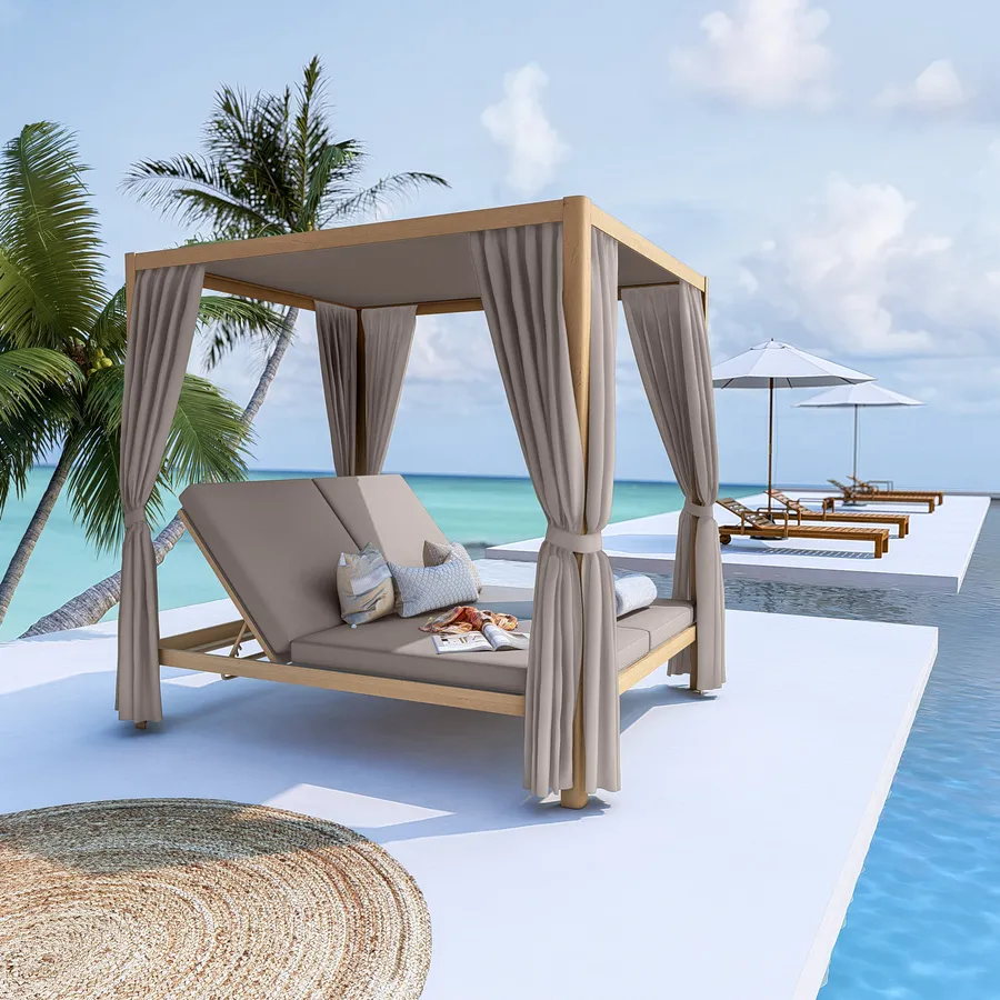 Decor Space Lettino Daybed A Isola Con Baldacchino E Tende - Per Giardino E Piscina, 2 Posti, Bianco