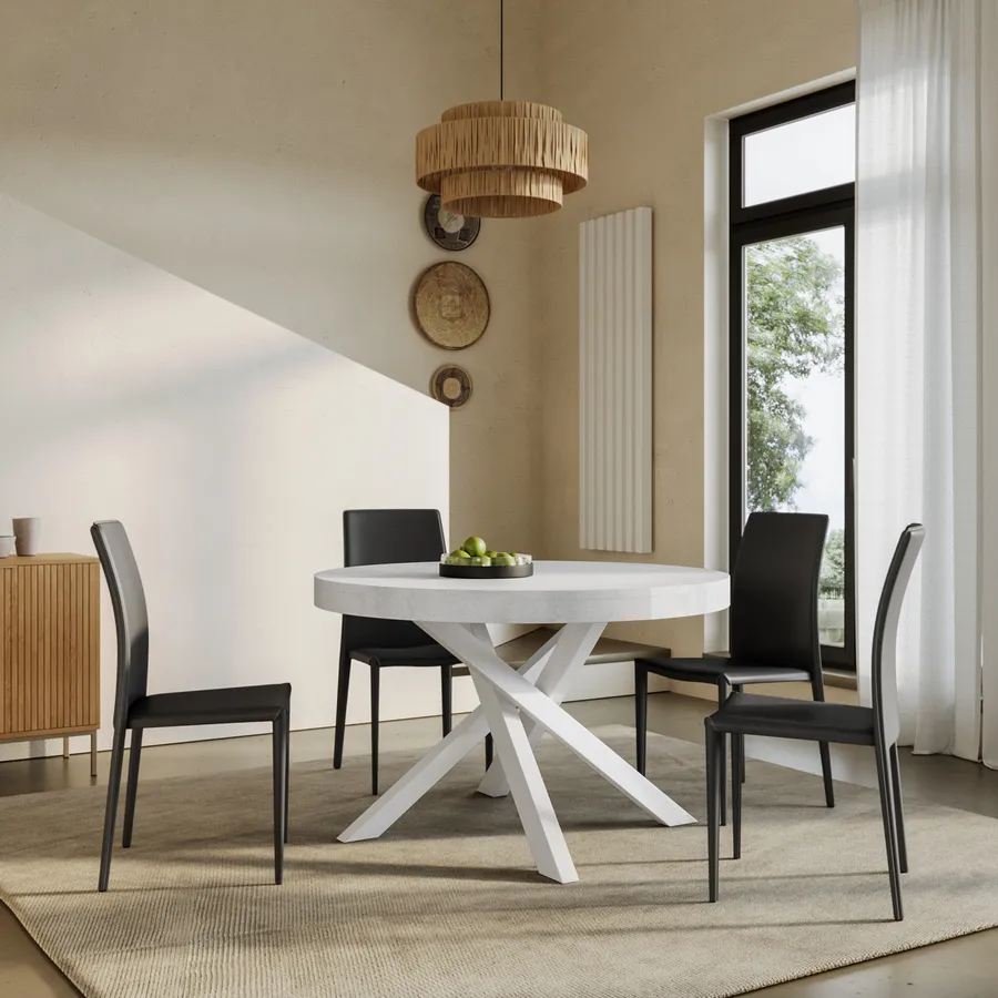 Tavolo Da Pranzo Allungabile DONA - Rotondo, Bianco Effetto Cemento, Per 4-6 Persone - Foto 10