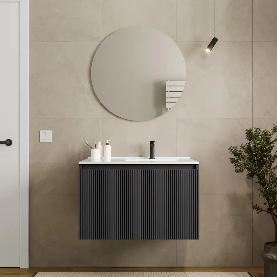 Mobile bagno sospeso 80 cm bianco opaco con lavabo integrato e specchio - Bip