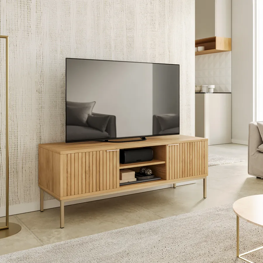 Porta TV CHYRKA® DROHOBYCZ In Legno Naturale, Vetro E Metallo - 160x38 Cm, H=60 Cm, Mobile Soggiorno Fatto A Mano