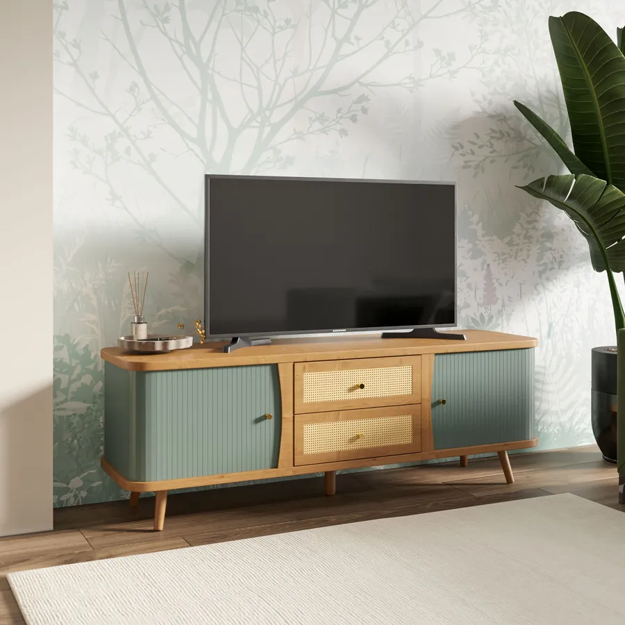 Supporto TV In Bambù Naturale | Mobile TV Per Schermi Fino A 65 Pollici | Consolle Con 2 Ripiani Aperti | Lunghezza 140 Cm, Colore Noce - 3