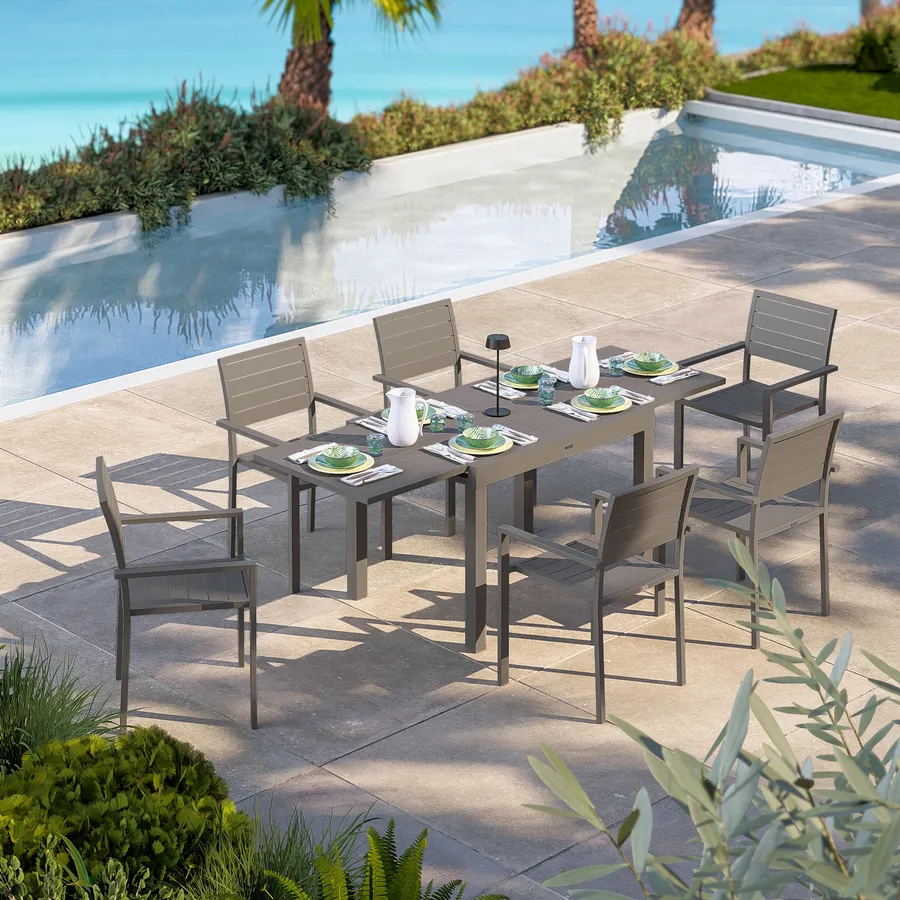 Set tavolo rettangolare 160-210x90 cm allungabile e 6 sedie da giardino con brac
