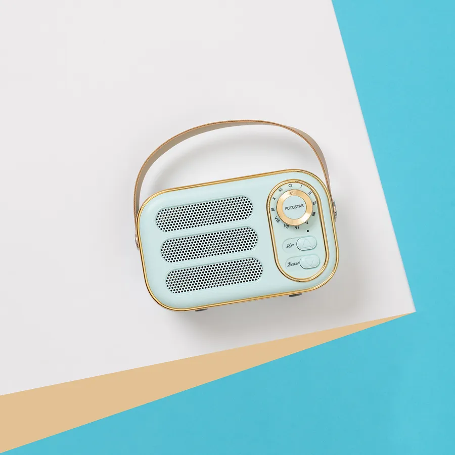 Altoparlante bluetooth 12x8h cm portatile ricaricabile blu notte e oro a forma di radio vintage - Boop