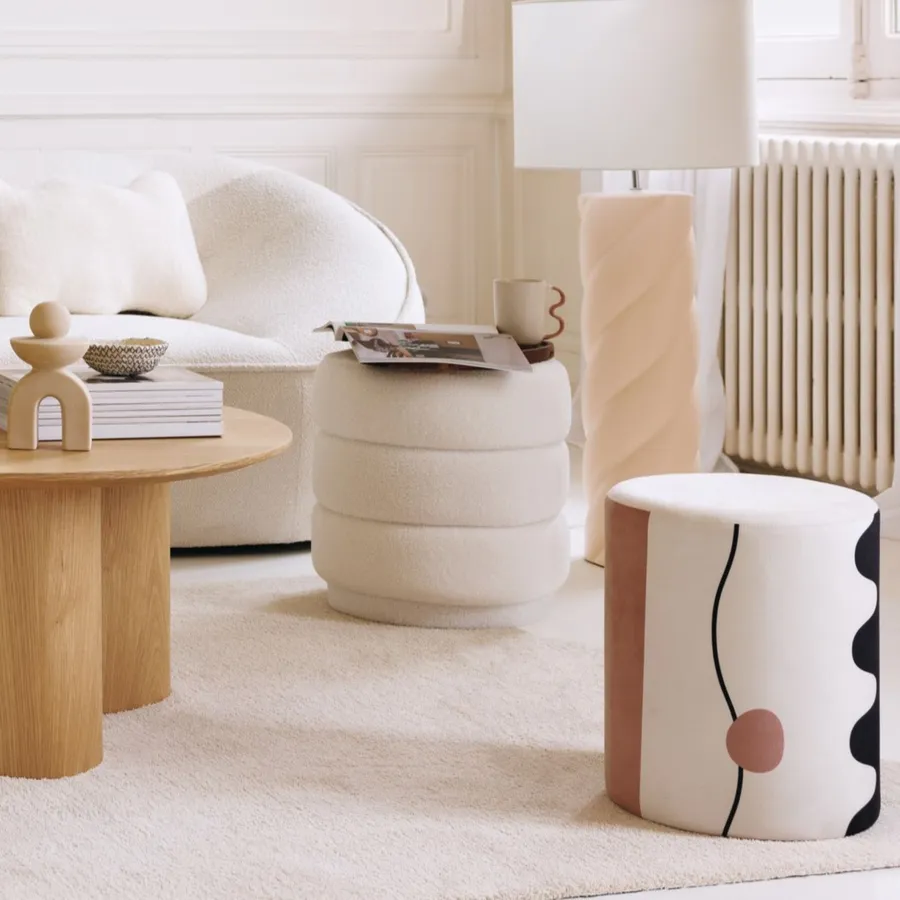 Pouf rotondo 38 cm in tessuto bouclé bianco Snowy