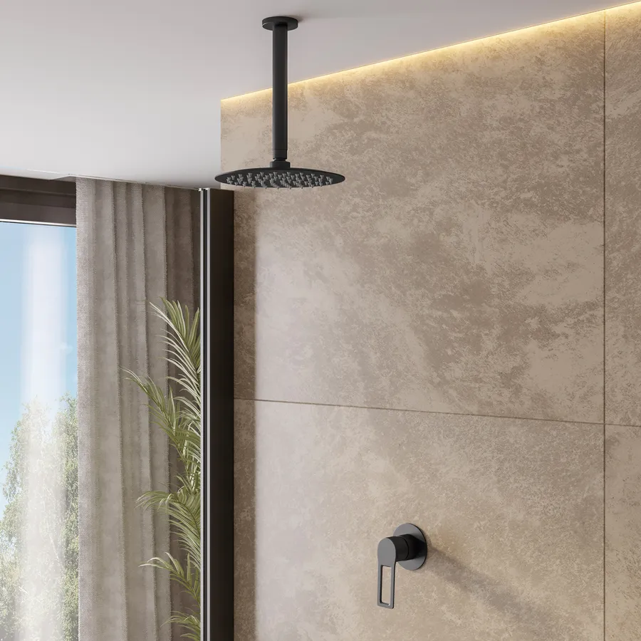 Kit Doccia Nero Opaco Con Braccio 40 Cm E Soffione Quadrato 40x40 Cm, In Acciaio Inox Con Snodo Orientabile E Ugelli Anticalcare