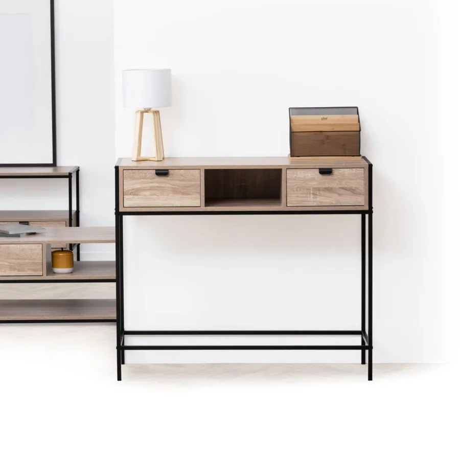 Consolle 100x80h cm effetto rovere e acciaio nero con 2 cassetti - Emyl
