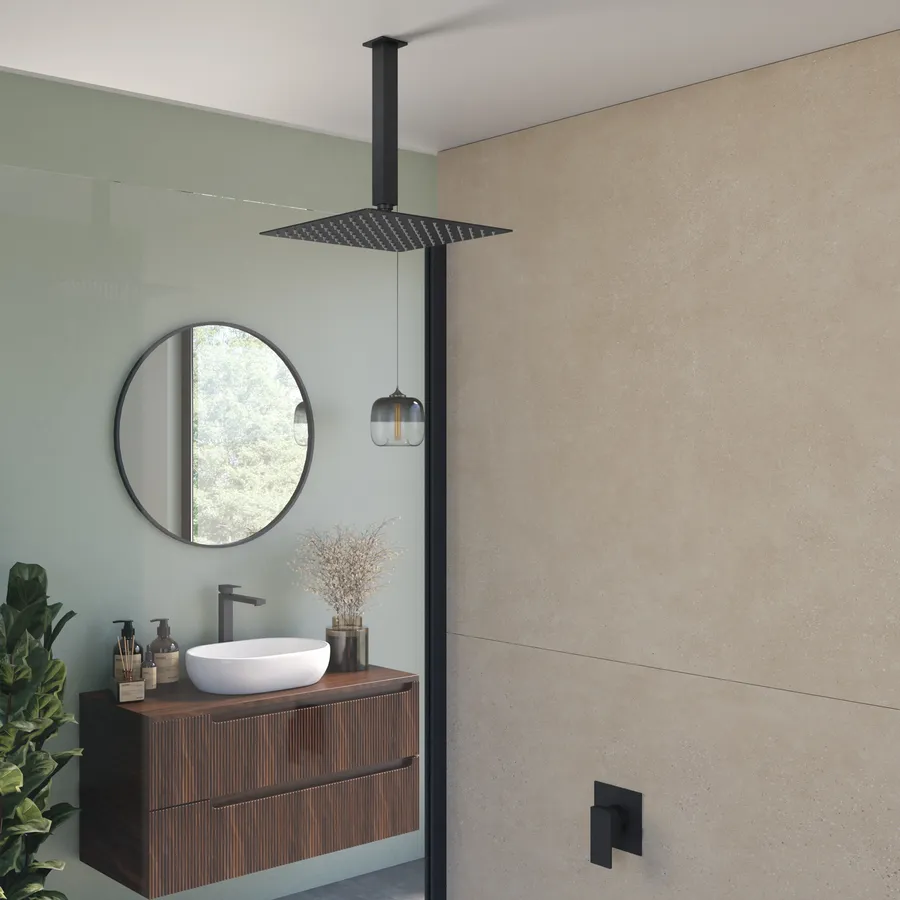 Kit Doccia Nero Opaco Con Braccio 40 Cm E Soffione Quadrato 40x40 Cm, In Acciaio Inox Con Snodo Orientabile E Ugelli Anticalcare