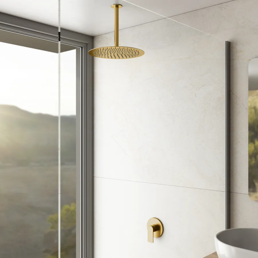 Soffione Doccia A Pioggia Rotondo 40 Cm – Acciaio Inox 304, Oro Spazzolato, Montaggio A Soffitto