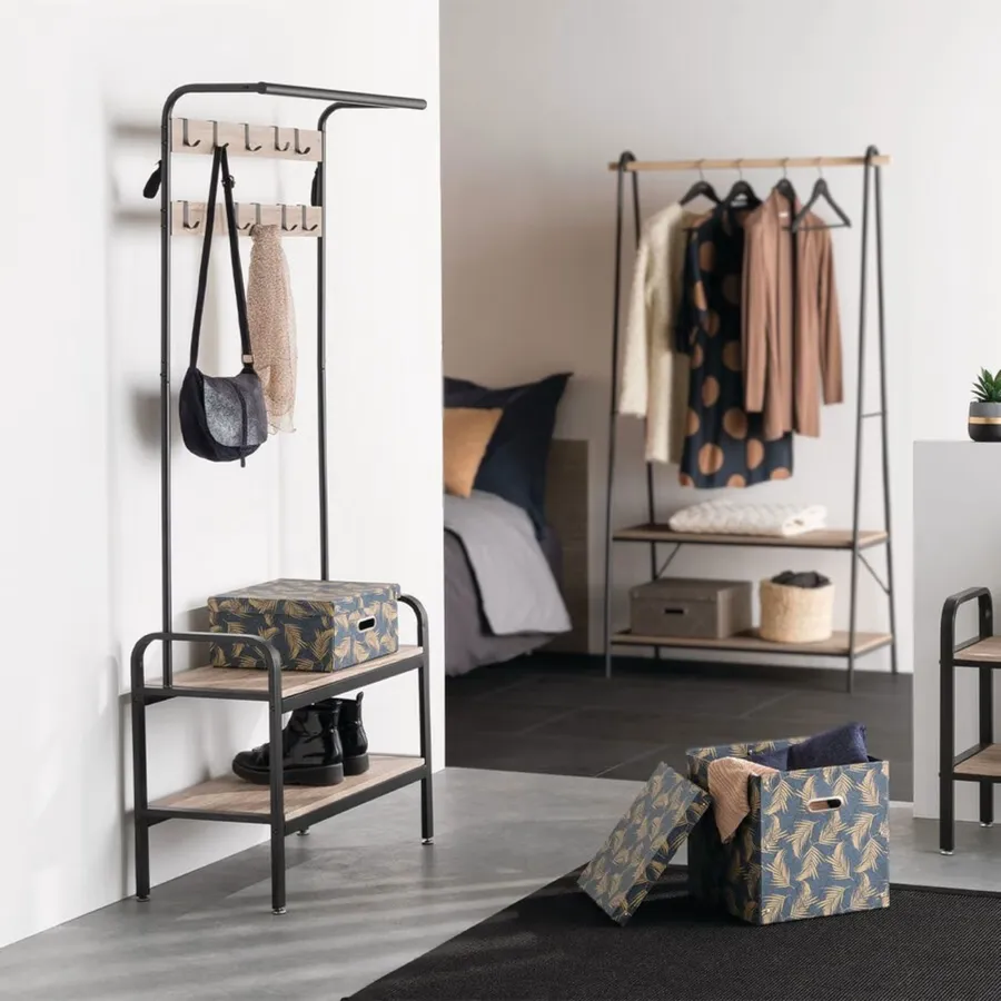 Roundhill Furniture Scarpiera Con Sedile In Similpelle, 2 Ripiani, Metallizzata Cromata E Nera, 80x30x48 Cm - 2