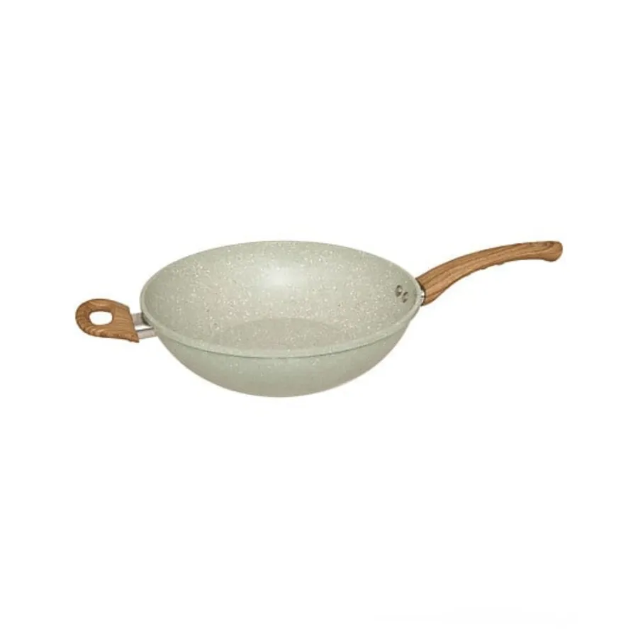 Pentola Antiaderente In Ghisa Con Coperchio - Wok Cinese 20/24/26 Cm, Per Induzione E Forno, Manico Legno