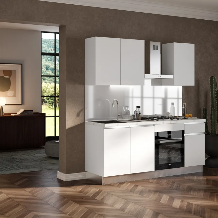 Cucina lineare 195 cm bianco top 40 mm bianco effetto marmo con