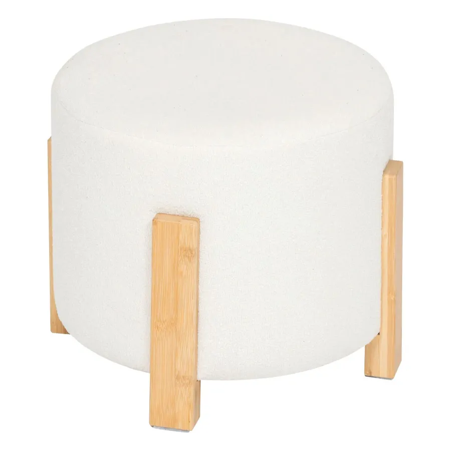 Pouf rotondo 37 cm in tessuto bouclé bianco e gambe in legno - Ynuit