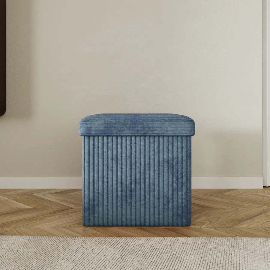 INTIRILIFE Panca Pieghevole In Velluto Blu-Grigio – Cubo Seduta 76x38x38 Cm Con Contenitore E Coperchio – Poggiapiedi E Scatola Portatutto - 2