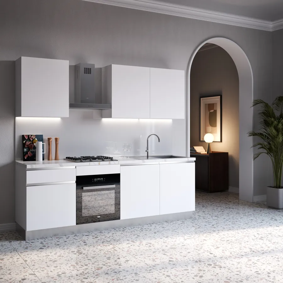 Cucina lineare 240 cm bianco top 40 mm bianco effetto marmo con