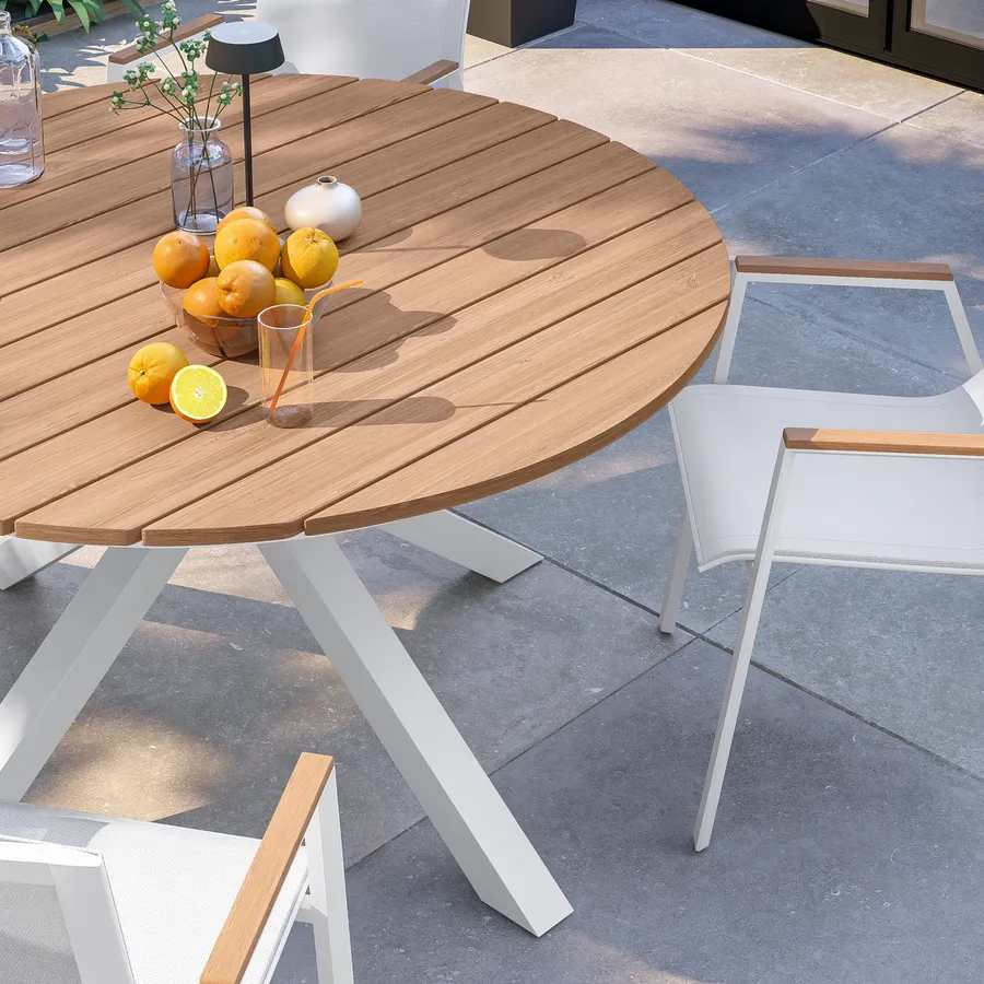 koma - Tavolo rotondo in legno di pino da pranzo, colore bianco, miele, stile rustico, cassetto (pino laccato