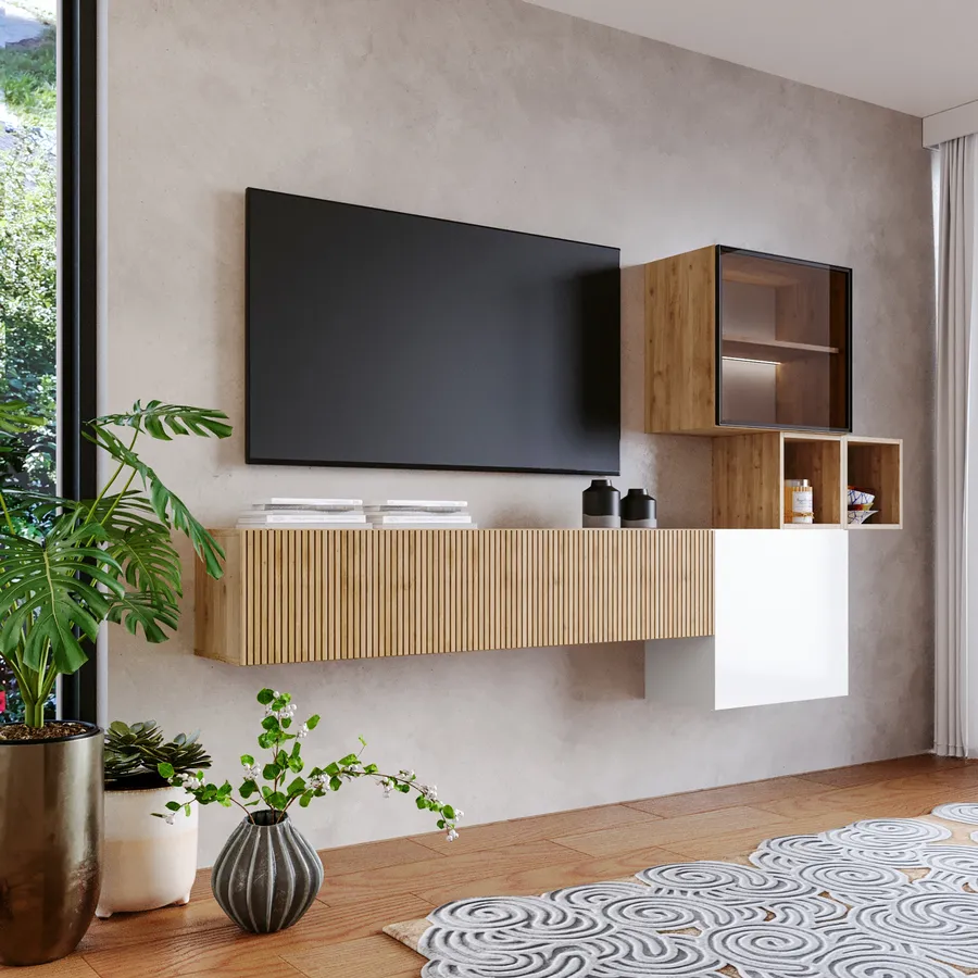 Parete Attrezzata 220x128h Cm Bianco Lucido E Cadiz Cannettato Con parete-attrezzata-220x128h-cm-bianco-lucido-e-cadiz-cannettato-con
