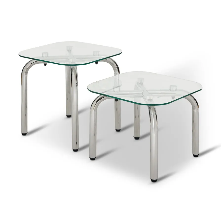 Set tavolini quadrati in acciaio cromo e vetro temperato Rohan