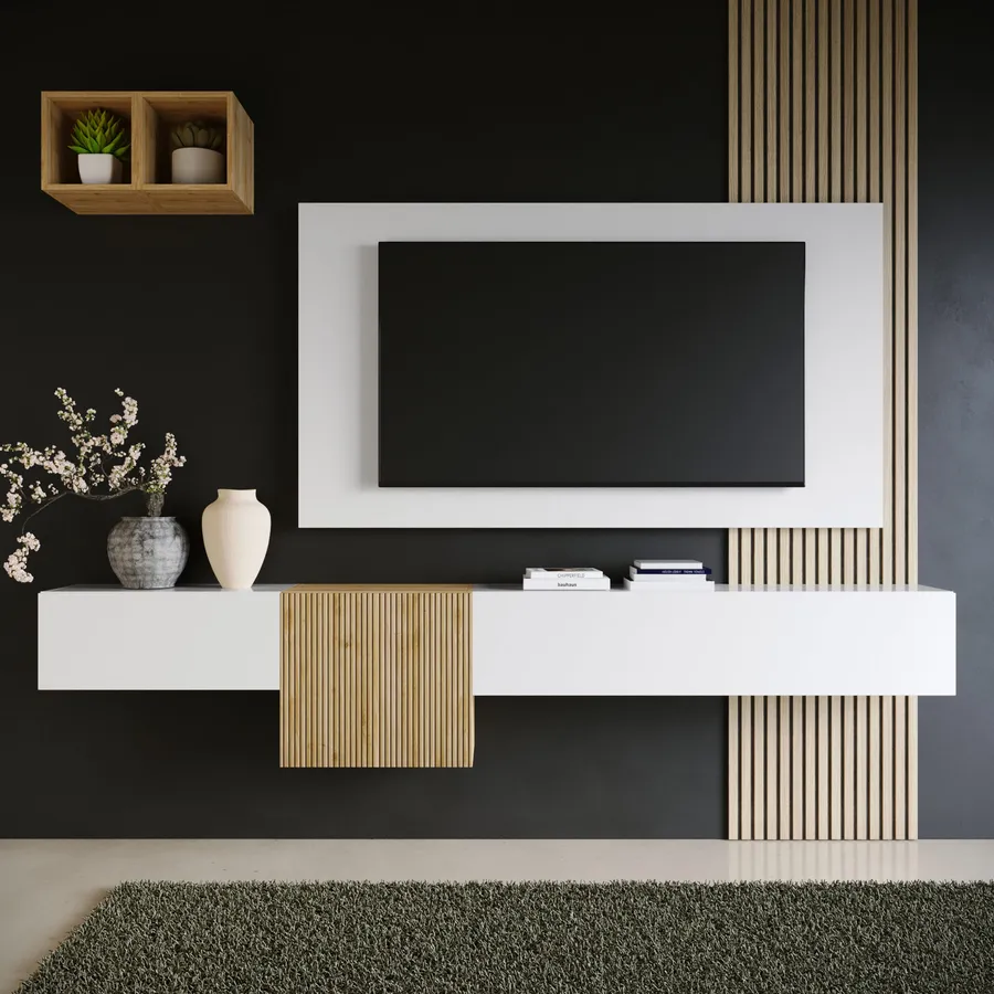 Parete Attrezzata 262x30x220h Cm Cadiz Cannettato E Bianco Lucido Con parete-attrezzata-262x30x220h-cm-cadiz-cannettato-e-bianco-lucido-con