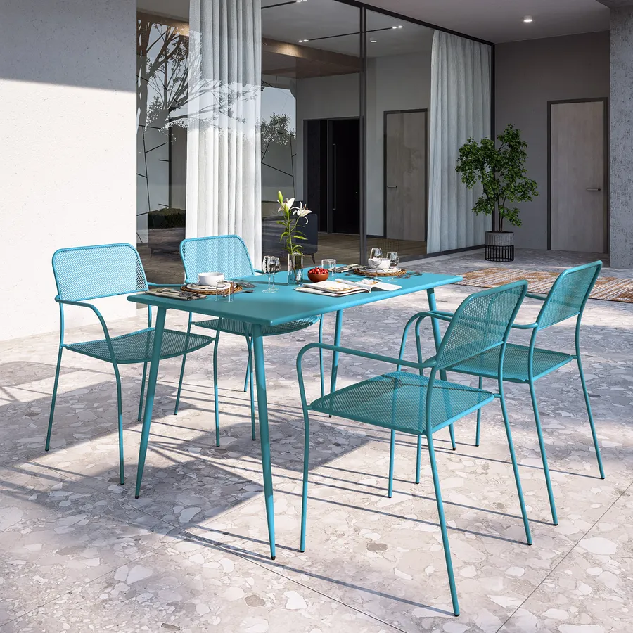 LOKATSE HOME 4 Sedie In Ferro Battuto Blu Con Cuscini Per Esterno - Set Da Pranzo Per Giardino, Balcone E Cortile