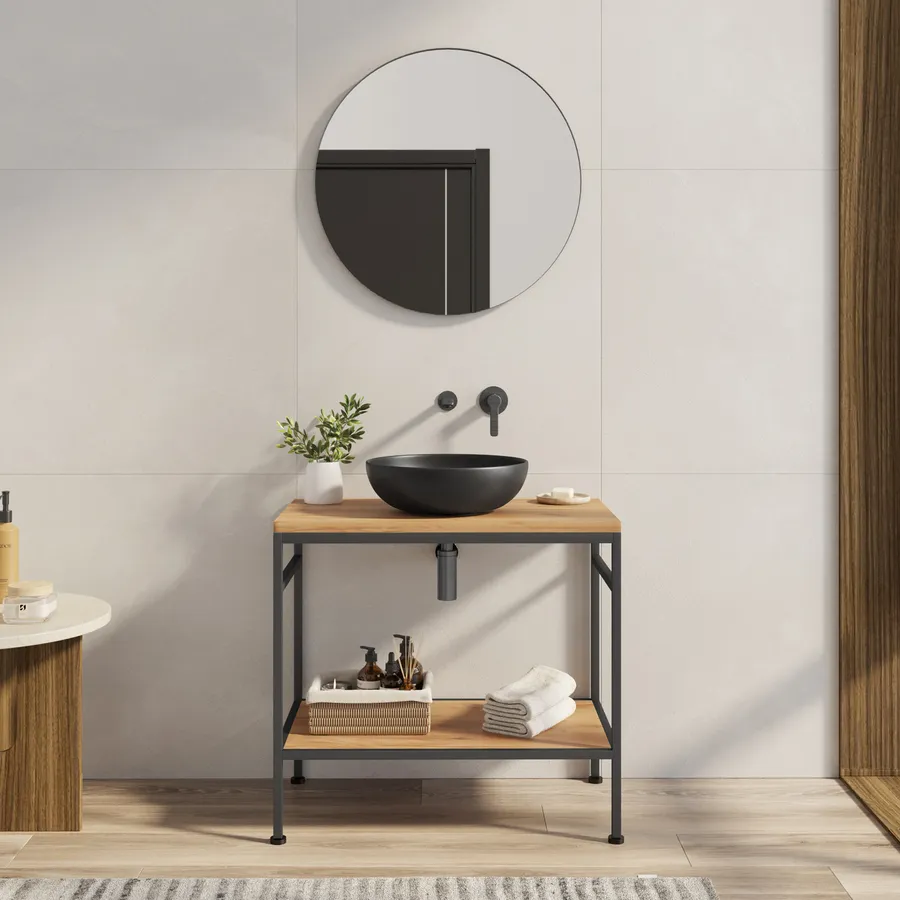 Mobile Bagno a Terra 80 cm con Lavabo in Ceramica e 3 Cassetti Bianco Lucido