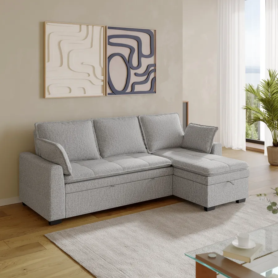 Divano letto contenitore Snow in tessuto grigio 208 cm con penisola - Bagno Italia