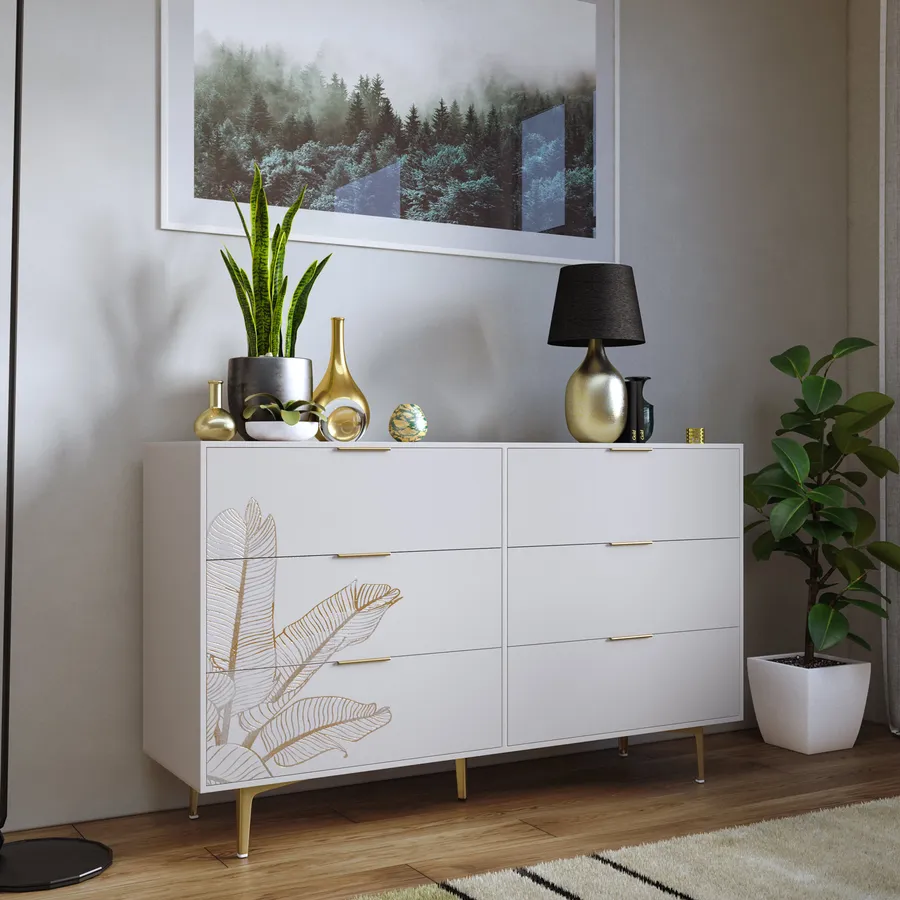 Credenza Moderna 140 Cm: Bianco Lucido E Effetto Marmo Con 3 Cassetti, 2 Ante E Luci LED 16 Colori