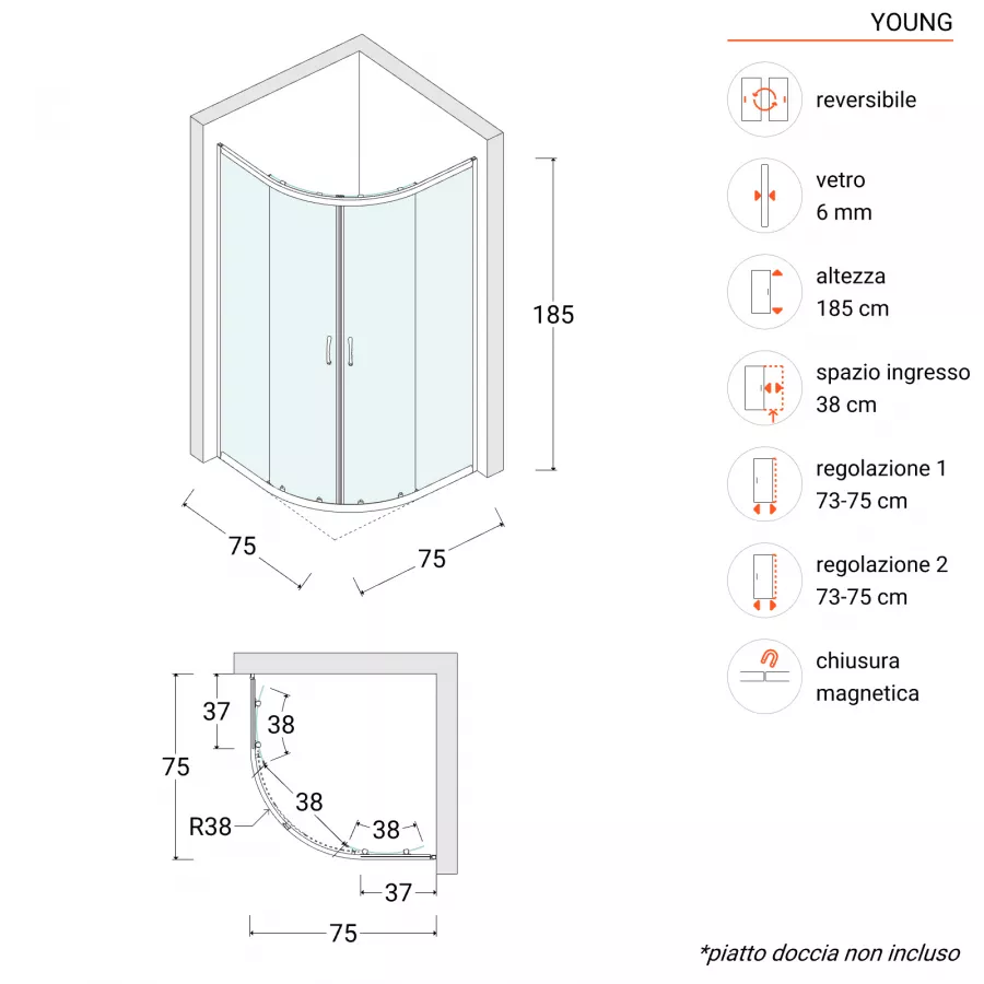Box doccia 75x75 cm semicircolare vetro temperato 6mm stampato 185h - Young