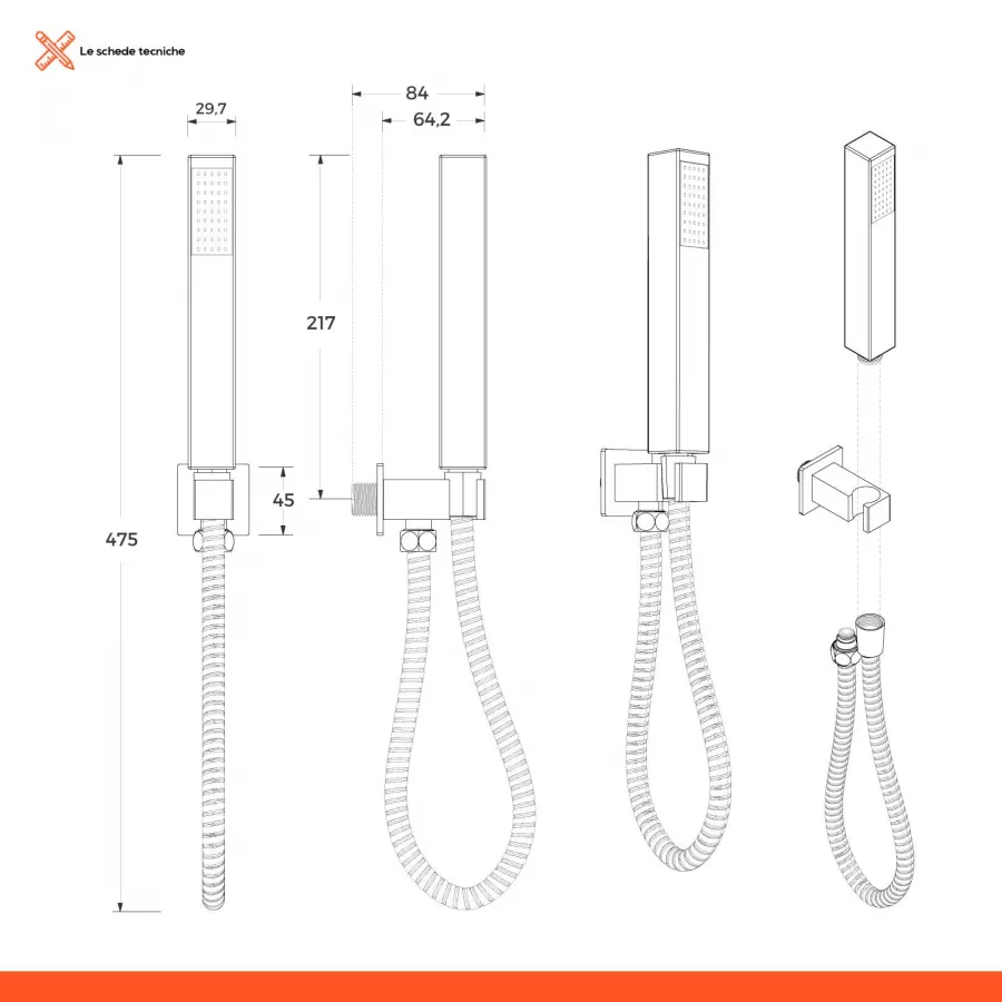 Set doccia cromato con soffione squadrato con braccio e doccetta con presa  acqua