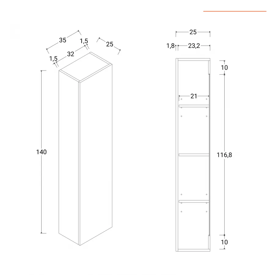 Colonna bagno sospesa altezza 140 cm noce scuro anta push-pull