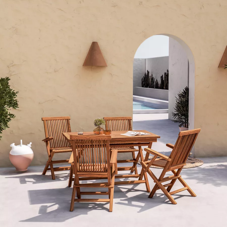 Set pranzo tavolo pieghevole 120x70 cm e 4 sedie con braccioli in legno  teak - Louis