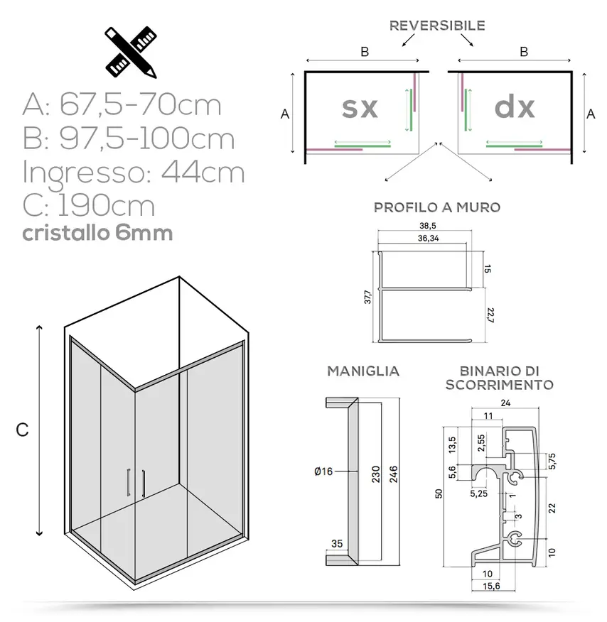 Box doccia doppia apertura 70x100 cm serie Icon in vetro trasparente