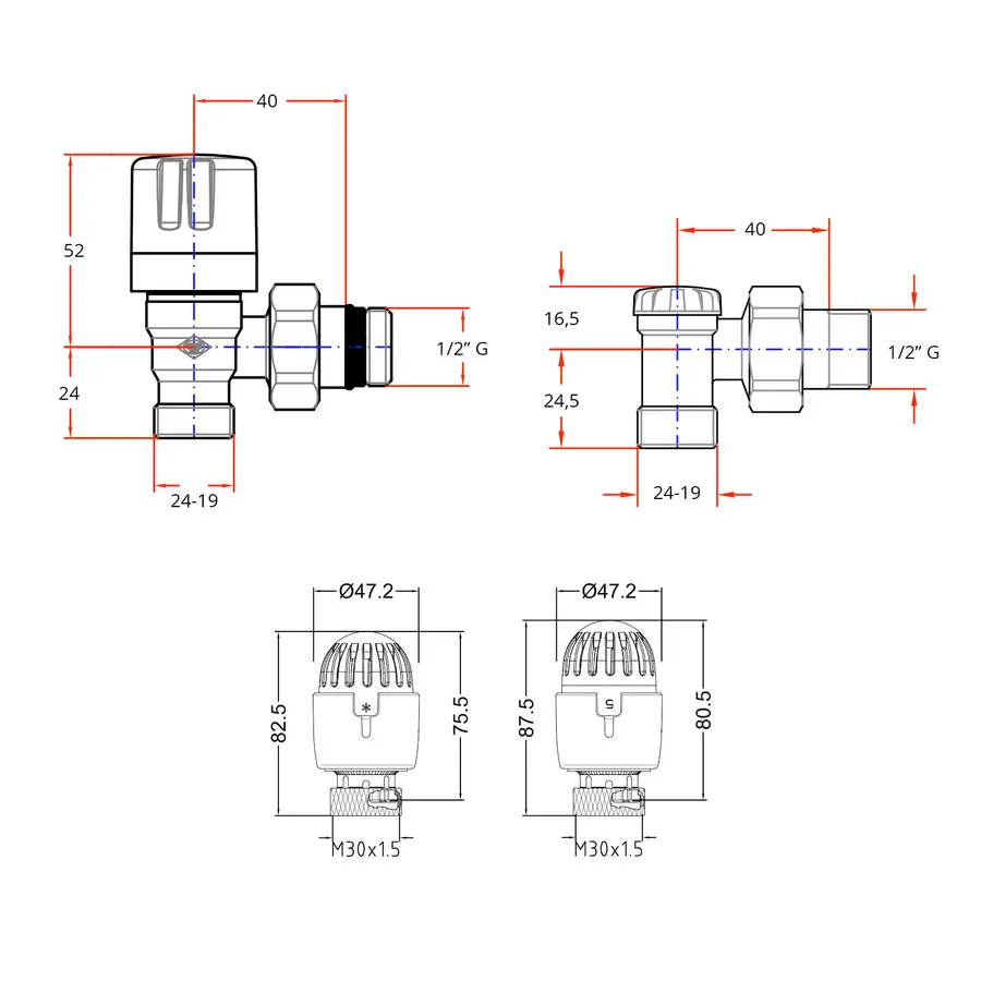 Kit valvola e detentore bianchi per radiatori + raccordi per multistrato da  16x2,25 e testa