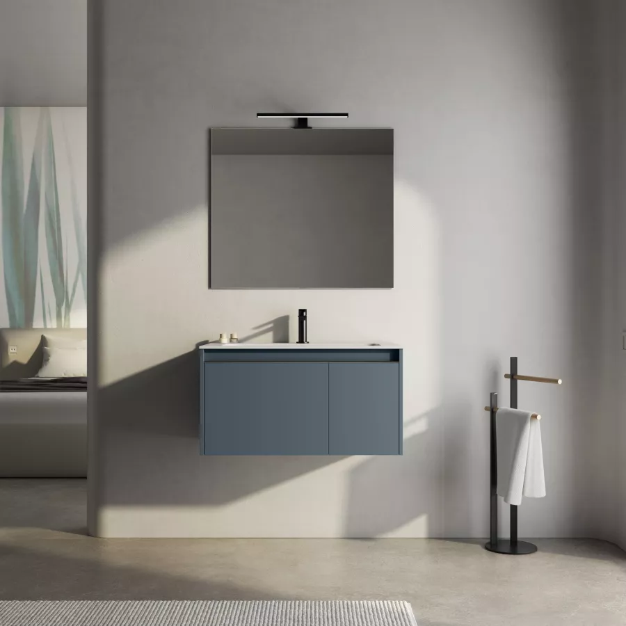 Mobile bagno sospeso 80 cm color oceano opaco con lavabo e specchio - Edith