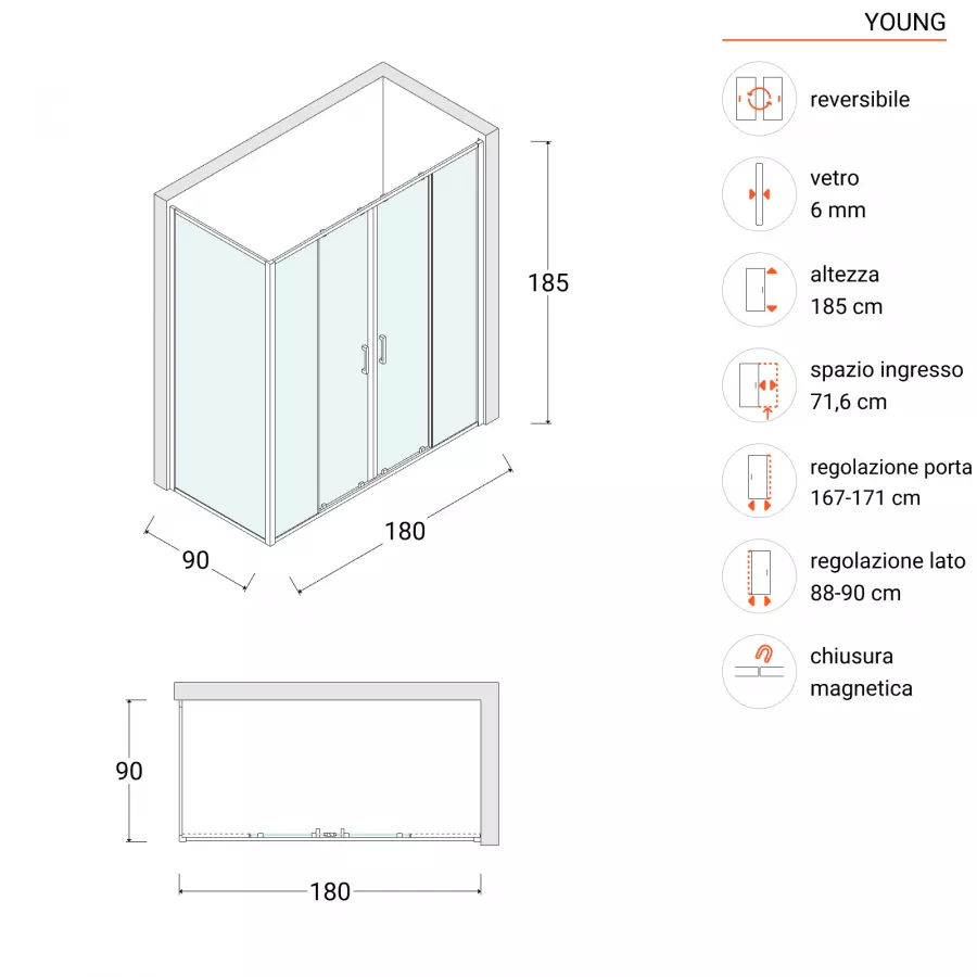 Box doccia 70x90 cm doppio scorrevole vetro temperato 6mm trasparente 185h  - Young